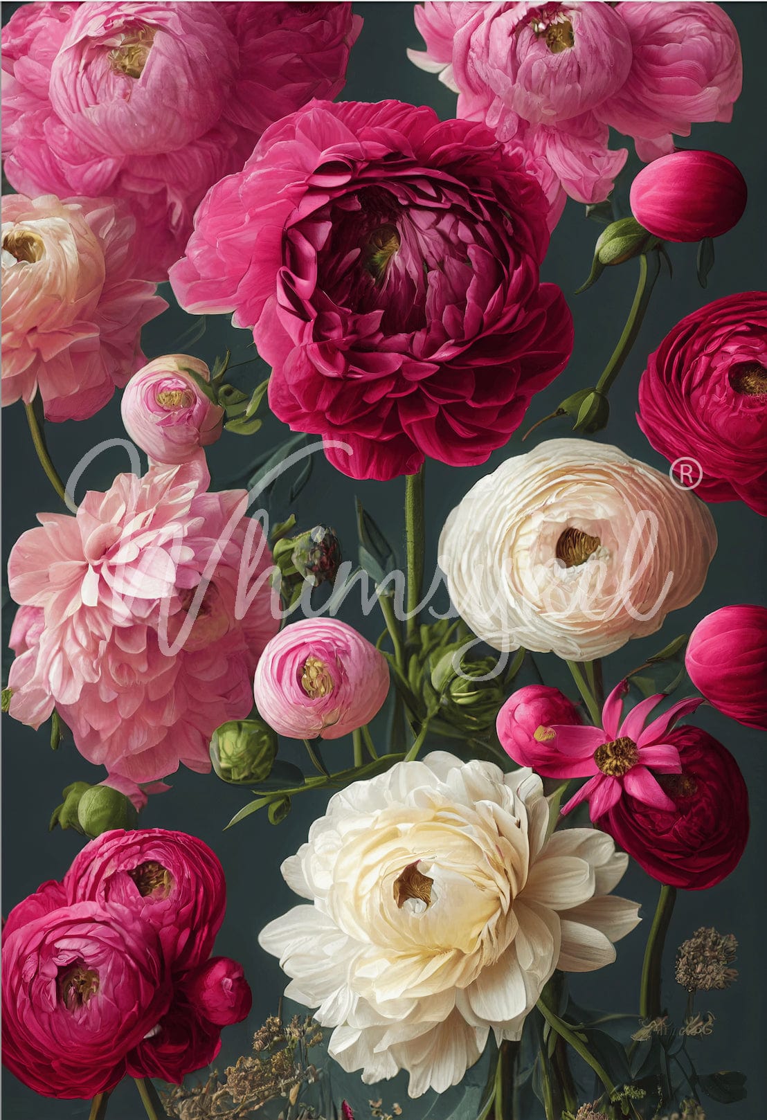 WALL BOUQUET OF FLOWERS | Large Decoupage Tissue Paper for Furniture Peonies with Charcoal Backdrop